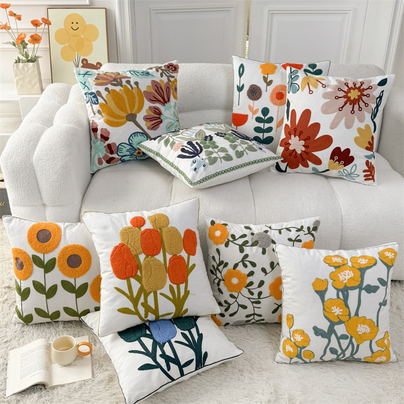 Towel Embroidered American Floral Sofa Pillow Cushion Cross-Border Live Broadcast Pastoral Flowers Southeast Asia B&B Cushion Pillowcase