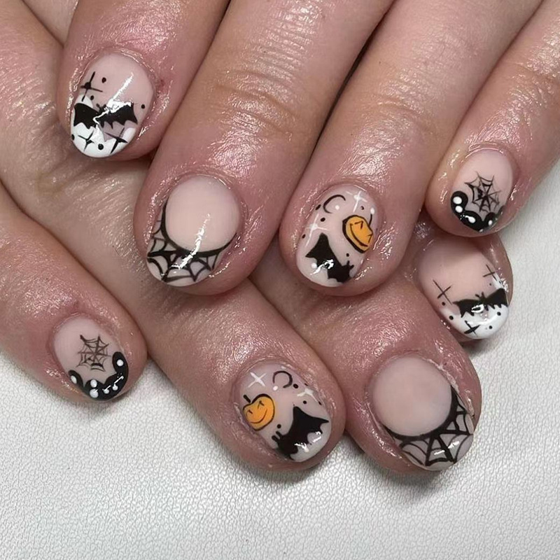 Short French style black full nail Halloween Pumpkin spider web fake nail European and American Foreign trade ins style beautiful nail piece