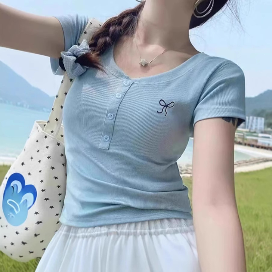 한국 스타일 핫걸 퓨어 러스티 보우 자수 브이넥 반팔 티셔츠 여성 슬림 여름 반팔 탑 바텀 셔츠
