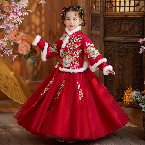 Girls Chinese New Year chinese princess winter Hanfu for children, ancient qipao with plush, winter Tang suit for kids