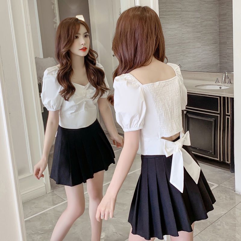Bow-Tie Short Top for Women in Summer, Niche Square Collar, Waist Slimming, Puff Sleeve Chiffon Shirt