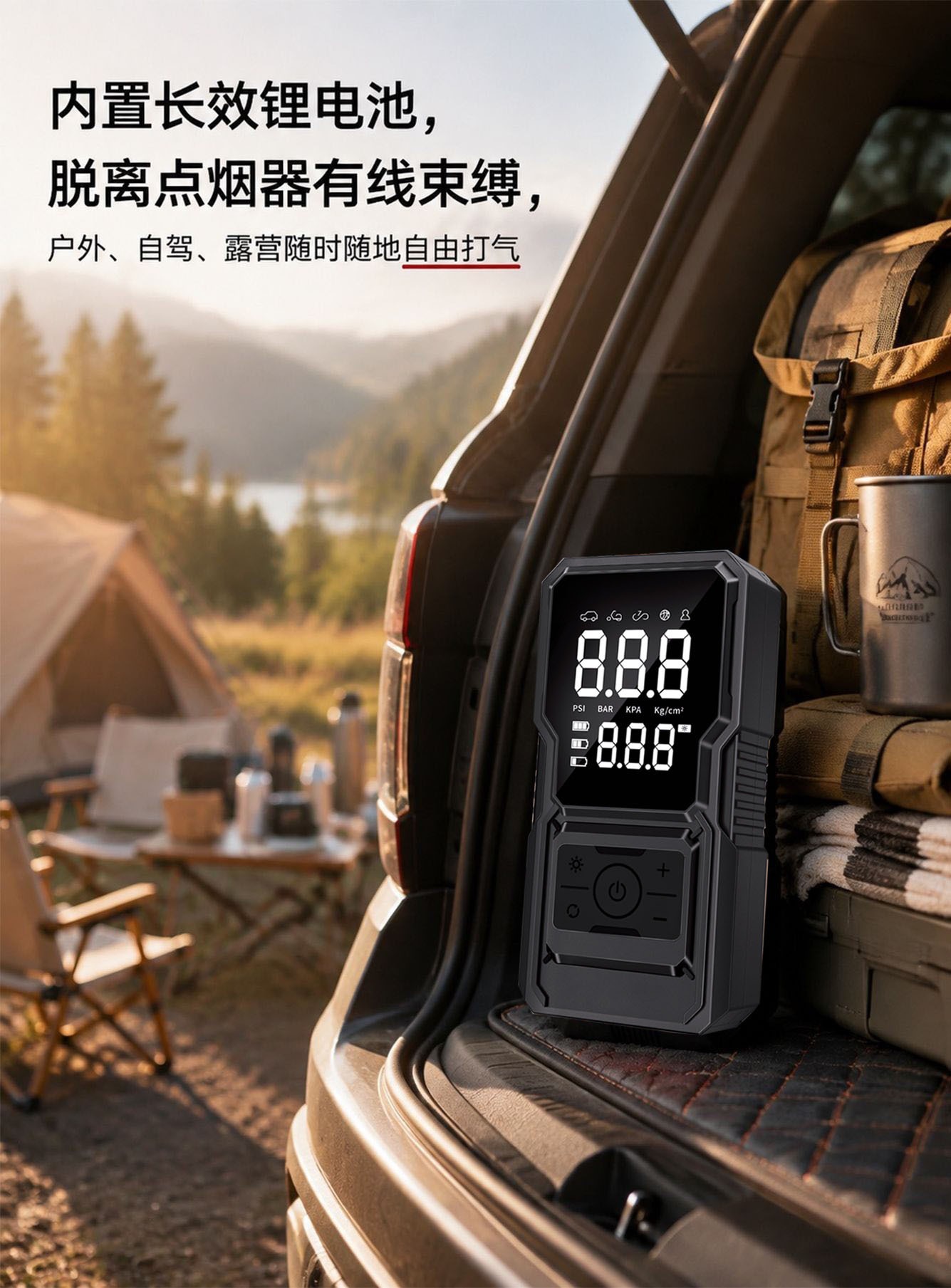 Car air pump with digital display and lighting for tire pressure detection, car inflator, electric vehicle automatic inflator
