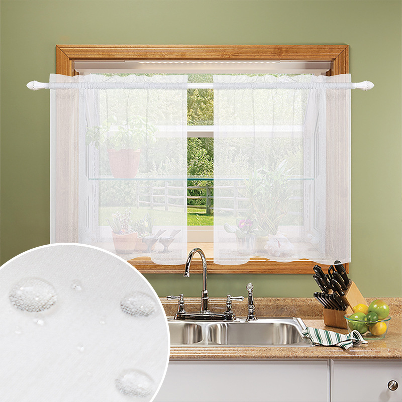 Daifa Waterproof Kitchen Curtain Hemp Gauze Curtain Shelter Half Curtain Short Curtain Half Window Transparent Curtain Rod Pocket Tulle