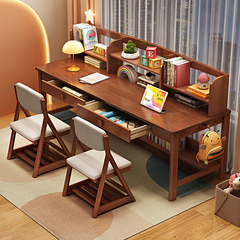 實木書桌書架一體桌兒童學習桌靠窗長條辦公桌家用臥室雙人寫字桌