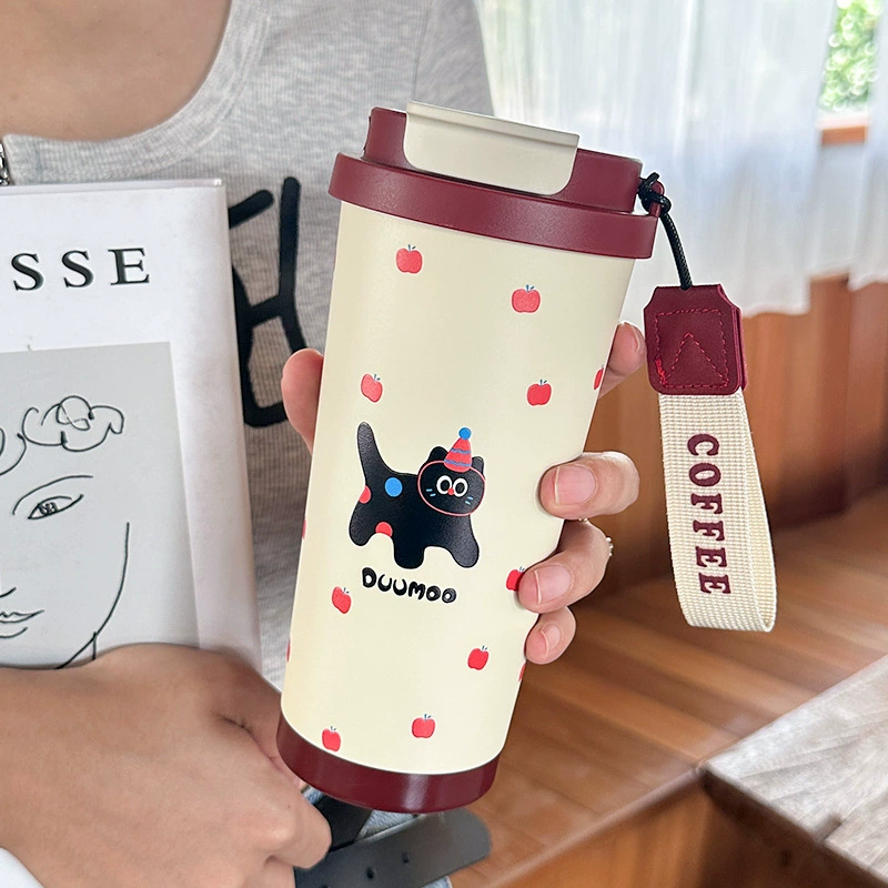 Portable Coffee Tumbler, glass & stainless steel travel mug, 500 ml, cute pattern strap gift