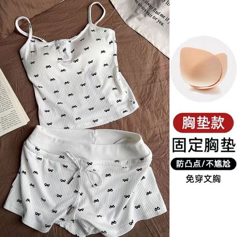 2026 New Summer Suspender Shorts Pajamas for Women, Simple and Comfortable with Chest Pads, Ice Silk Ribbed Loungewear