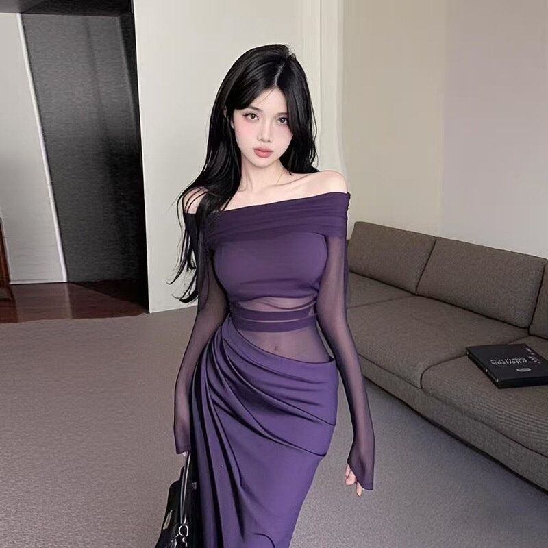 【Original Fabric】High-End, Mature, Cool and Alluring Style Sheer Hollow-Out Pure Desire One-Shoulder Dress for Women