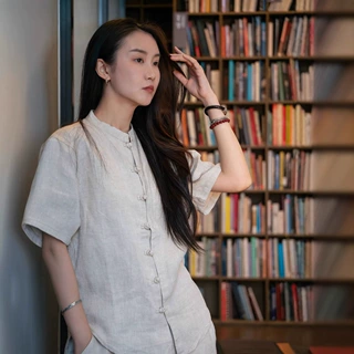 男女同款夏装亚麻短袖衬衫立领盘扣薄款衬衣中国风上衣95亚麻