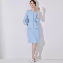 蓝色西装套裙女夏季薄款气质女神范职业套装酒店前台接待工作服夏