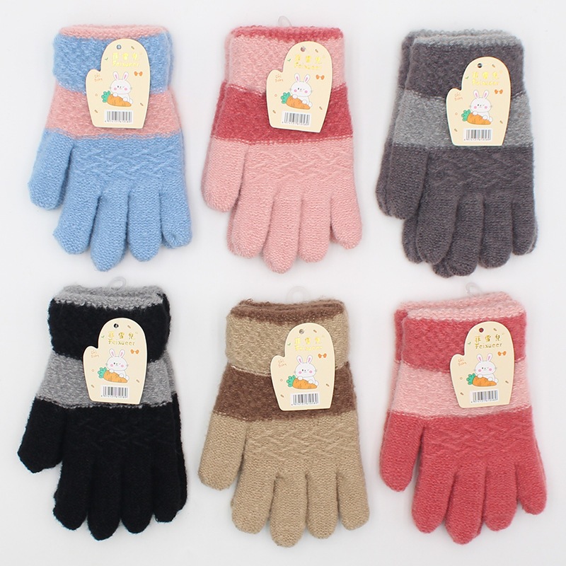 Thick, five-finger children's gloves for autumn and winter, full-finger design, suitable for children aged 3-10, warm, color-blocked, protective gloves, wholesale for street vendors