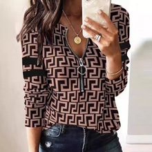 秋冬新款女装个性几何印花长袖女拉链POLO衫上衣WF05