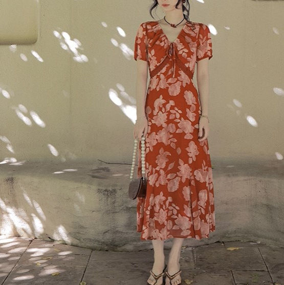 花栗鼠小姐 夏花 法式优雅气质繁花长裙女夏季显瘦氛围感连衣裙|undefined
