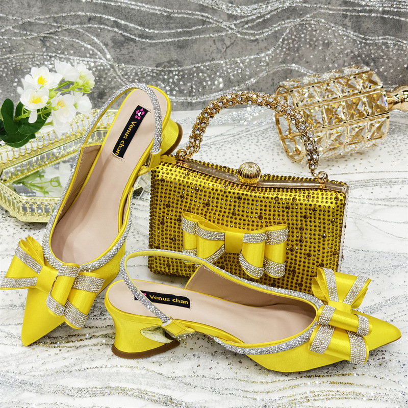European Orange Shoe Bag Set Combination Women's Pointed Toe Sandals High Heels Rhinestone Shoes with Square Rhinestone Bag
