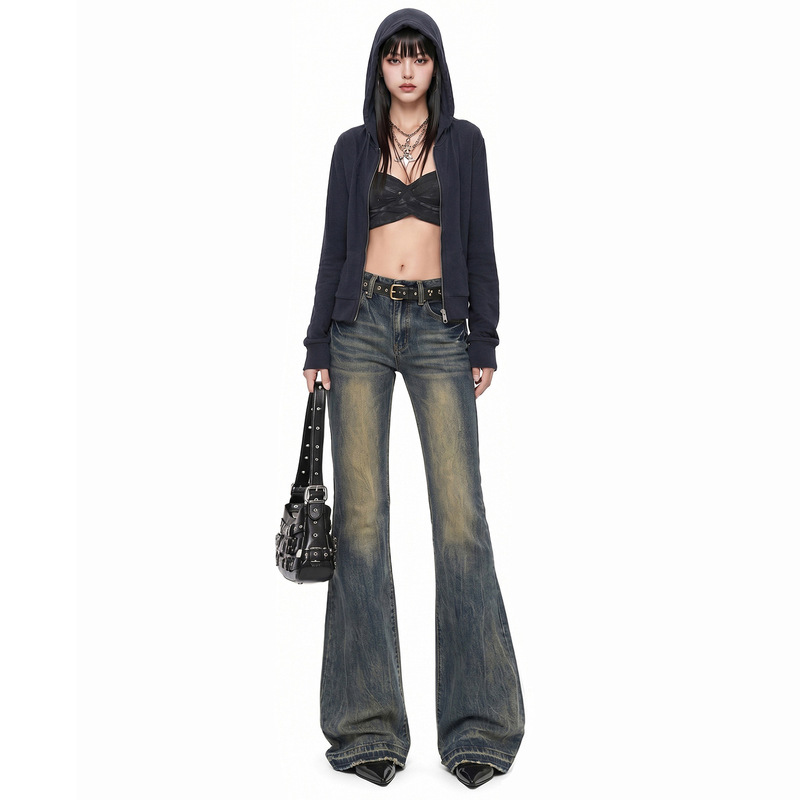 American-style low-waist flared jeans for women, 2026 autumn new vintage stretchy drapey bell-bottom pants with horseshoe embroidery