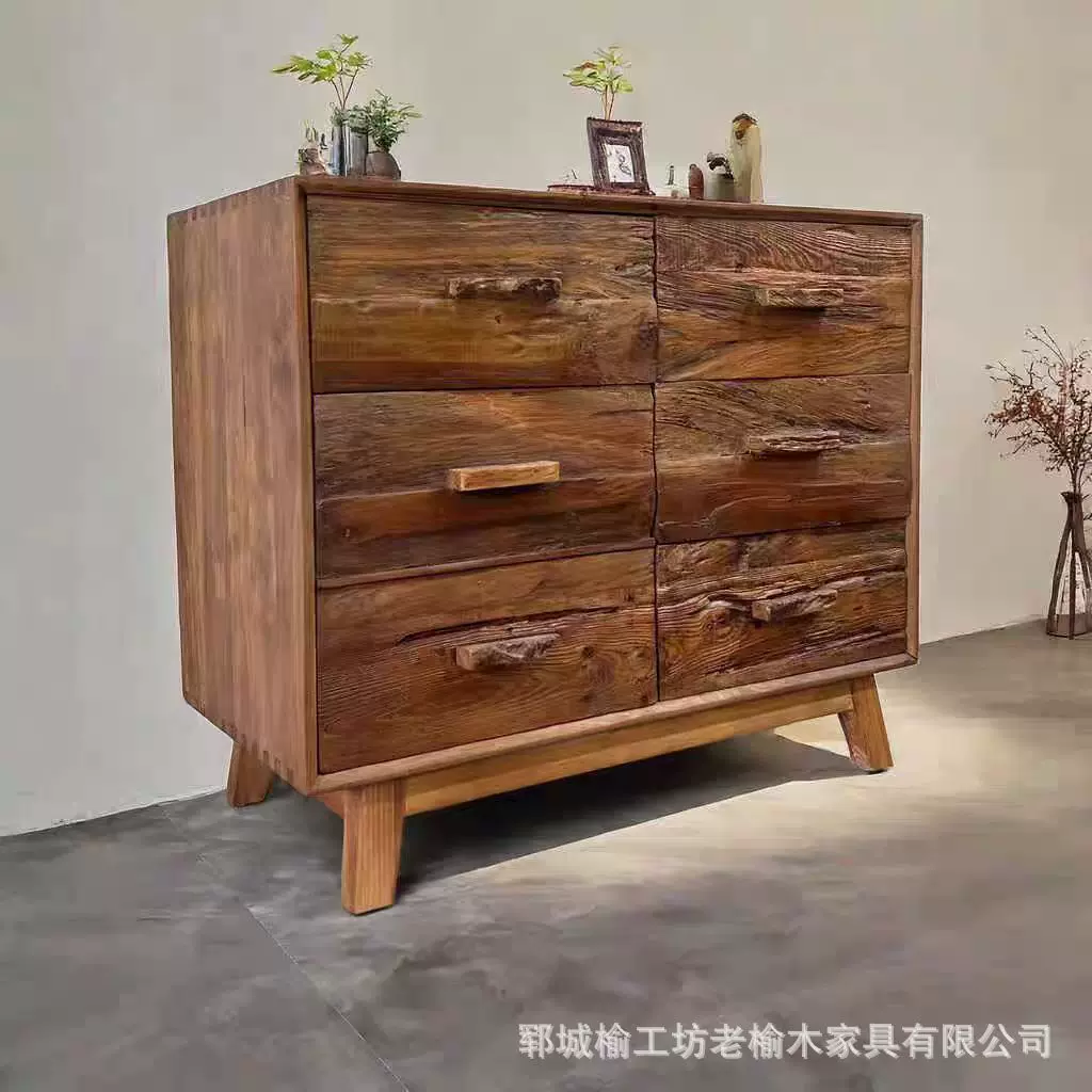 侘寂风榆木边柜实木柜子茶柜复古民宿茶水柜博古架原木简易家具