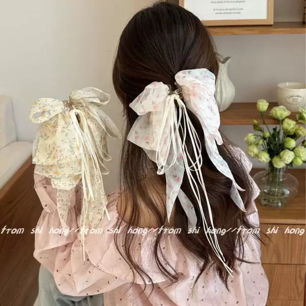 Elegant Floral Bow Ponytail Clip, Fashionable Korean-Style Printed Chiffon Shark Clip, High-End Hair Clip for Women