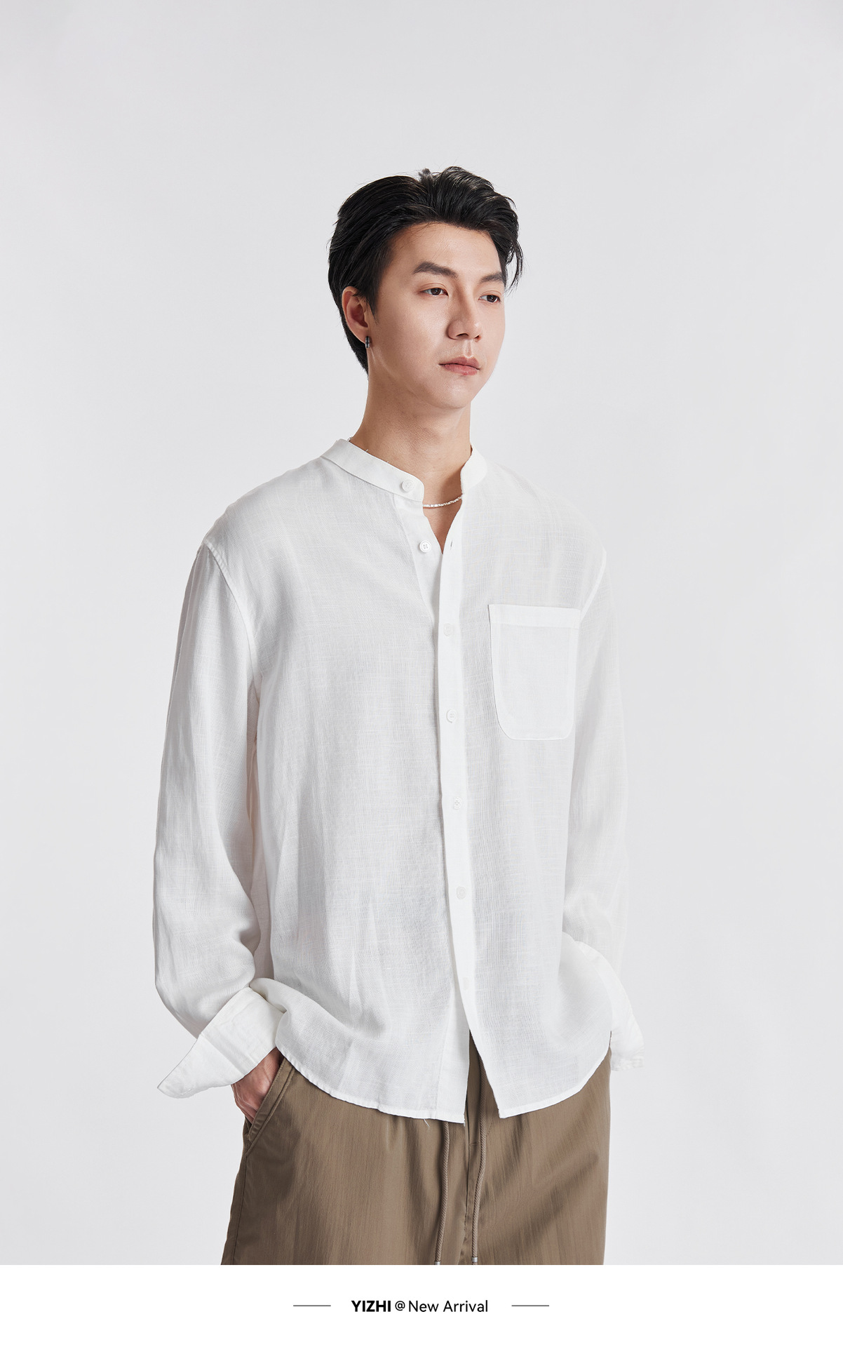 Áo sơ mi nam linen cổ đứng tay dài mùa hè, chất liệu lanh thoáng khí, phong cách Trung Hoa, túi đơn — Xanh navy chi tiết 11