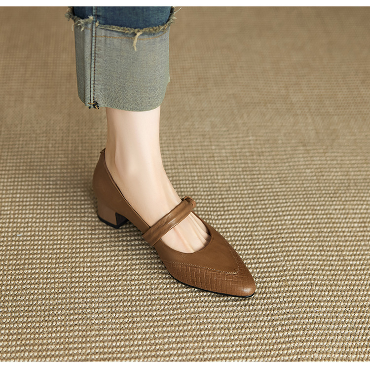 Giày Mary Jane nữ mũi nhọn miệng nông da bò thật gót dày 4cm kiểu Pháp — đen chi tiết 8
