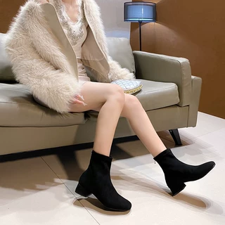 小码秋冬新款女式时装靴法式粗跟瘦瘦靴后拉链绒面方头短靴大码44