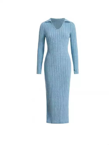 Cross-border elegant long dress, autumn new soft long-sleeved stand-up collar, bustier, slits, herringbone, Western and Eastern style