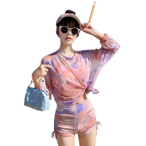 Cross-border swimsuit set for women (3 pieces), conservative flat-bottomed, Korean-inspired, suitable for plus-size, flesh-hiding, split-length, long-sleeve swimsuit for export.