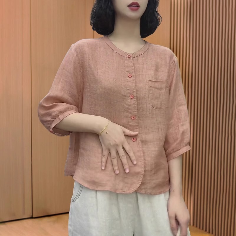 綿麻リネントップスレディース高級シャツ2025新作レディース夏大きいサイズお腹カバー七分袖ラミーシャツ|undefined