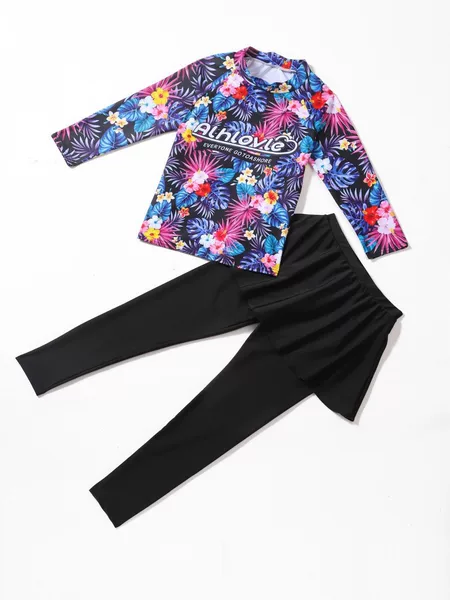 Children's Swimsuit, Girl's Long-Sleeved Sun Protection Swimsuit, Medium and Large Kidsren's Pants Skirt Style Quick-Drying Girl's Korean Princess Swimsuit