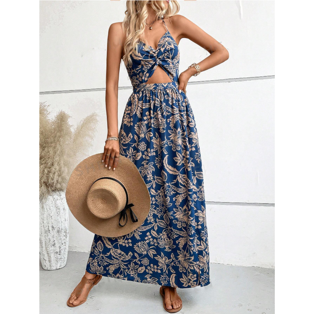 Women Summer Printed Twist Front Chest Back Tied Spaghetti Strap Dress
