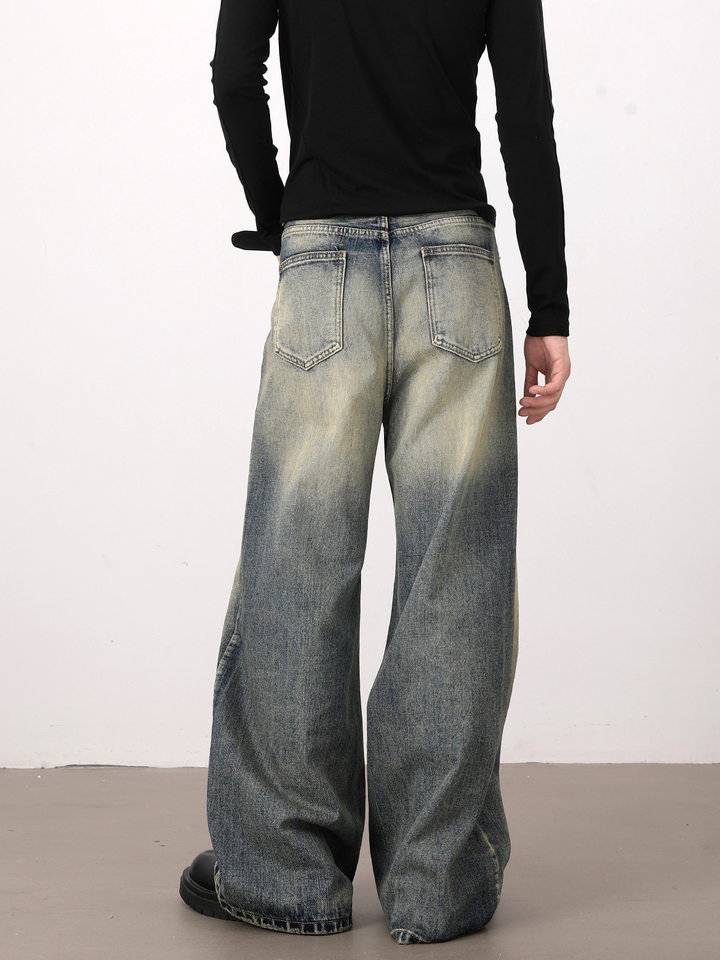 Quần jeans nam dáng rộng ống đứng phong cách retro Mỹ, giặt mài làm cũ — Màu xanh dương