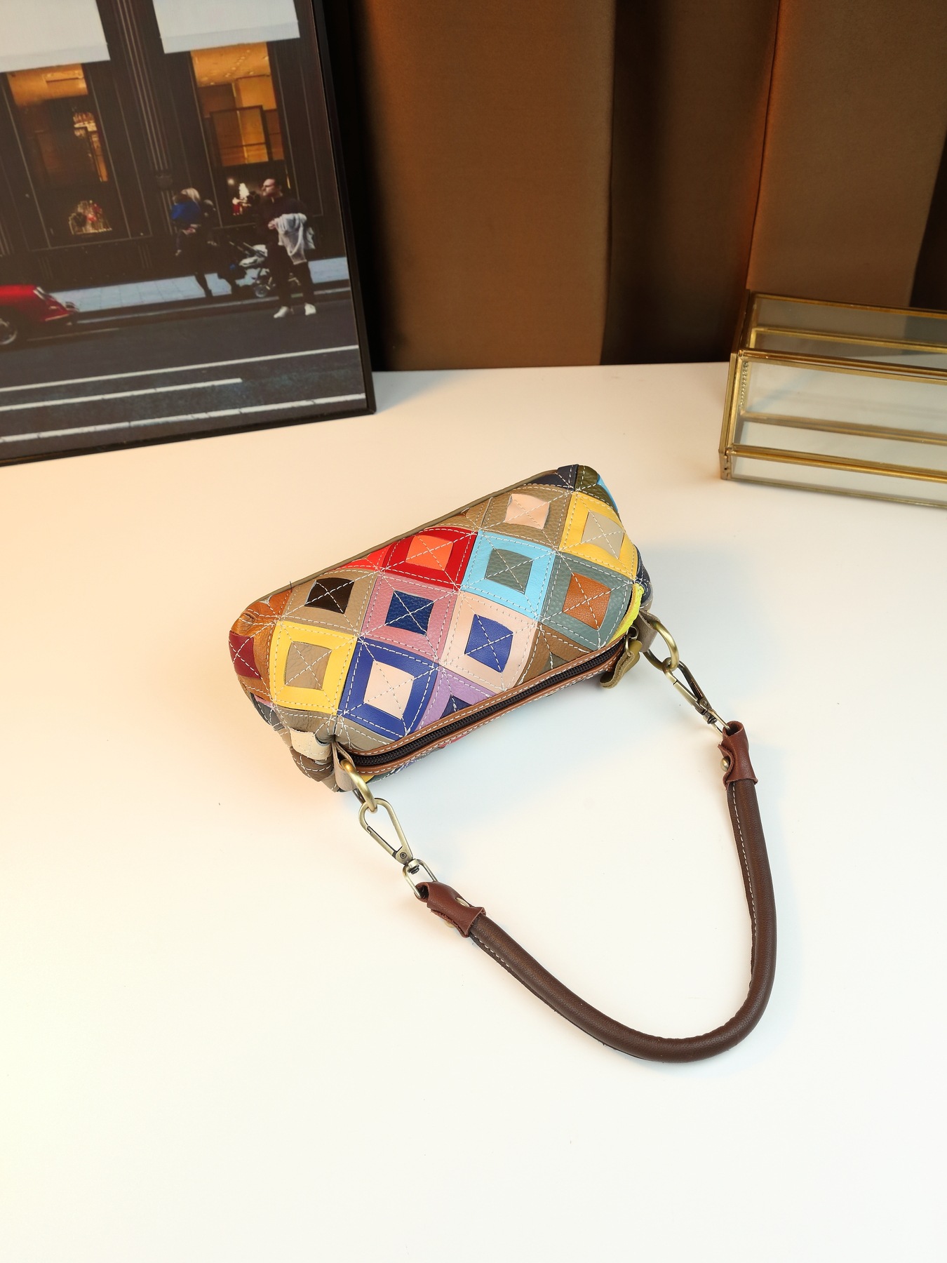 Women's Ethnic Style Colorful Plaid Leather Crossbody Shoulder Bag_voghion.com