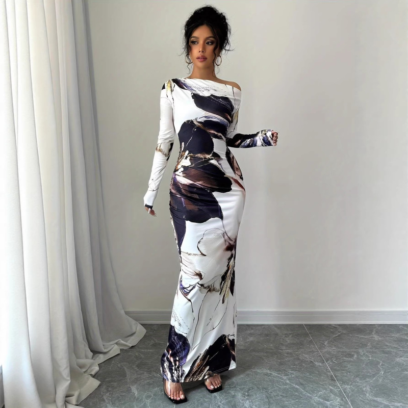 2026 Off-Shoulder Elegant Slim Casual Long Dress with Floral Print, One-Shoulder Bodycon Dress for Women, White 2026 Off-Shoulder Elegant Slim Casual Long Dress with Floral Print, One-Shoulder Bodycon Dress for Women, White