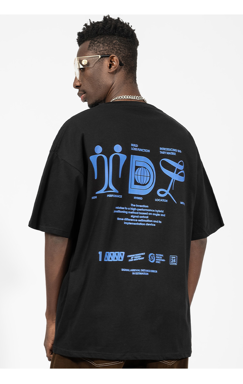 Vyriški trumpomis rankovėmis 220 g pavasario-vasaros medvilniniai laisvi marškinėliai paaugliams su kinišku abstrakčiu spaudiniu_voghion.com