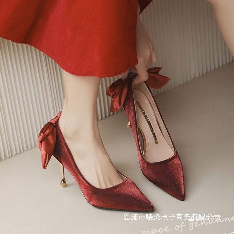 Thin-Heeled Red Wedding Shoes Xiuhe Wedding Dress Two-Wear White High-Heeled Shoes Women's Niche Design Bow Pointed-Toe Shoes