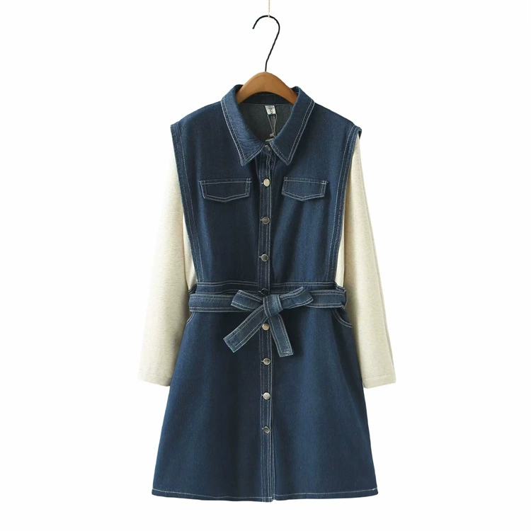 Весна 2024 Новое платье для женской одежды больших размеров, модная женская юбка с уменьшающей возраст строчкой, искусственная джинсовая юбка с отворотом из двух частей 2609