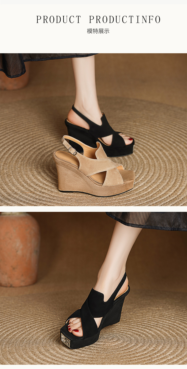 Sandal cao gót nữ hở mũi đế xuồng 10cm da lộn quai miệng cá — Màu đen chi tiết 3