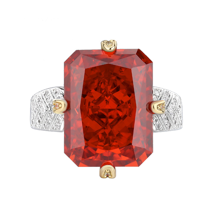 Otoño e invierno nuevo estilo Zhuangshengsheng joyería fondo de cobre chapado en oro con alto contenido de carbono diamante cuadrado flor de hielo anillo de estilo retro mujer 12*16