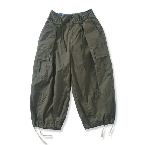 Japanese Style Vintage Profile Multi-Pocket Crowd Pants for Men and Women Loose Straight Wide-Leg Pants Drawstring Lantern Trousers