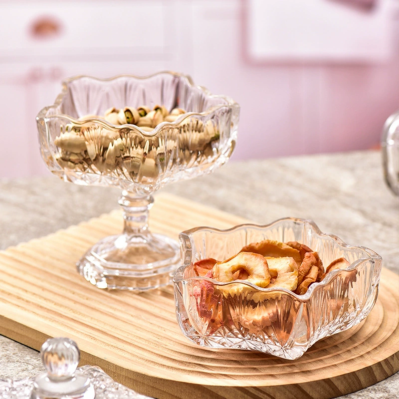 Винтажная стеклянная банка для конфет с гравировкой, прозрачная высокая банка для закусок, контейнер для хранения сухофруктов, оптовая продажа мисок для мороженого