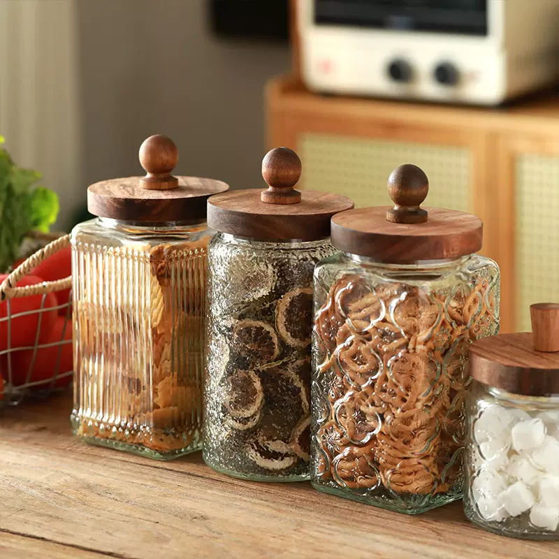 大号复古浮雕玻璃储物日式厨房透明海棠花密封罐子干果零食收纳瓶