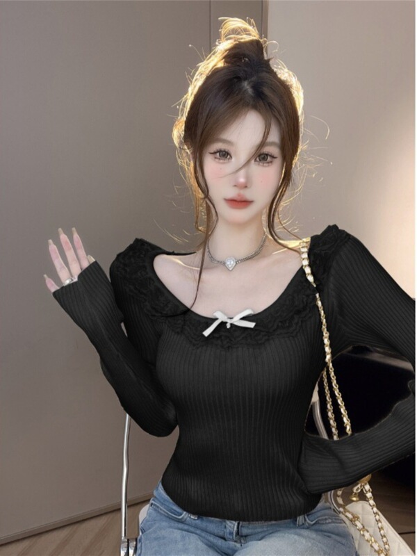 5171#秋冬法式修身短款蕾丝蝴蝶结上衣感针织打底衫女内搭|undefined
