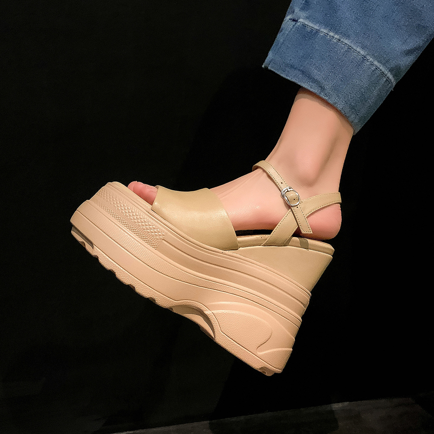 Sandal nữ đế dày da bò cao gót 14 cm phong cách La Mã — màu đen, màu trắng, màu mơ