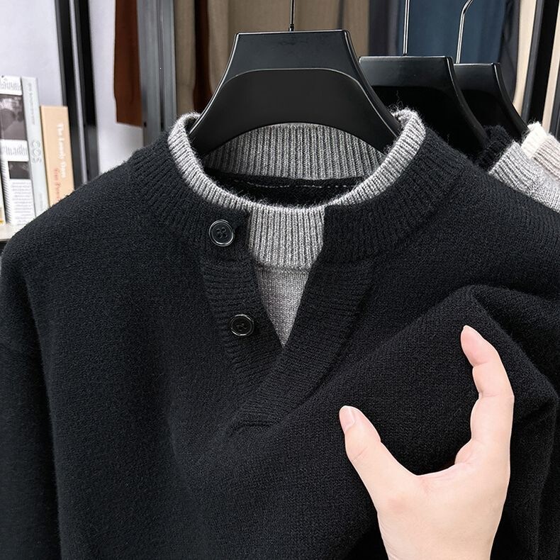 【Yangyang Family】Men's Faux Two-Piece Round Neck Sweater, Thickened, Warm, Slim Fit, Base Layer, Knitwear for Middle-Aged Men, Winter 【Yangyang Family】Men's Faux Two-Piece Round Neck Sweater, Thickened, Warm, Slim Fit, Base Layer, Knitwear for Middle-Aged Men, Winter
