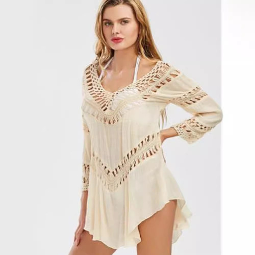 European and American-style loose-fitting, flared, hollowed-out hand-hooked knit top—beach bikini swimsuit, beach cover-up, and women's UV-protective wear