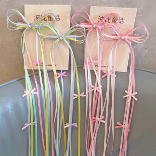 Super Fairy Children's Long Ribbon Bow Hairpin Girl's Cute Pair Girls' Colorful Pontail Clip Sweet Hair Accessories Beauty