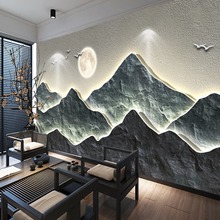 3D新中式墙纸大气背有靠山水茶室办公室背景墙布现代酒店壁纸
