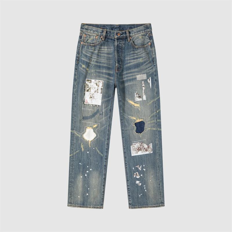 In-Stock Lv*C Newspaper Print Denim Jeans for Men, High-End Alternative Vintage Zimbabwe Cotton Jeans