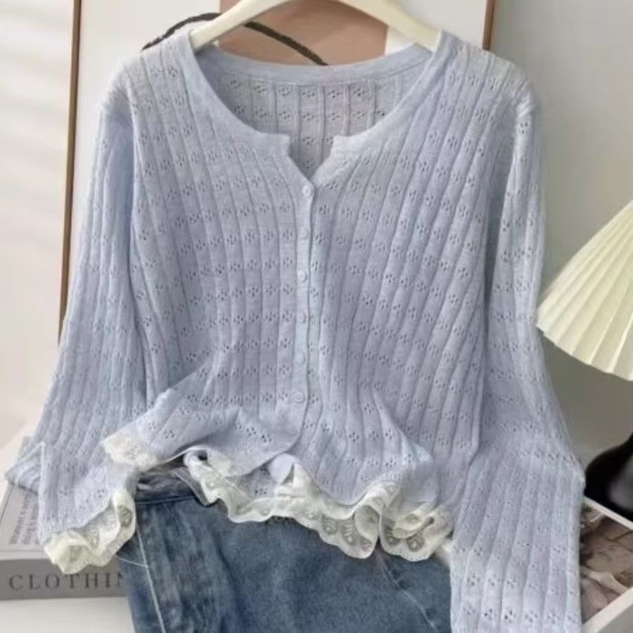 2025夏季拼接蕾丝边韩系高级感长袖开衫防晒外搭镂空薄款针织上衣
