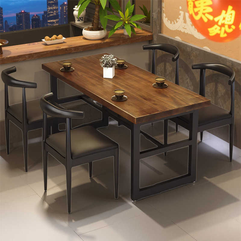 Mesa de comedor comercial, restaurante de barbacoa, restaurante de comida rápida, mesa de comedor, silla de combinación, mesa de recepción rectangular de color nuez