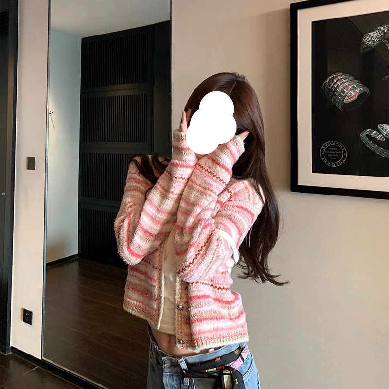 早安樊樊 重工粉色条纹小香针织开衫女秋气质减龄感显瘦毛衣外套|undefined