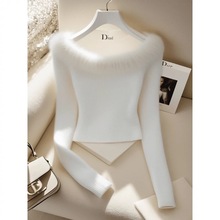 天猫抖音质量毛领拼接露肩针织衫女早秋小众设计感短款内搭打底衫